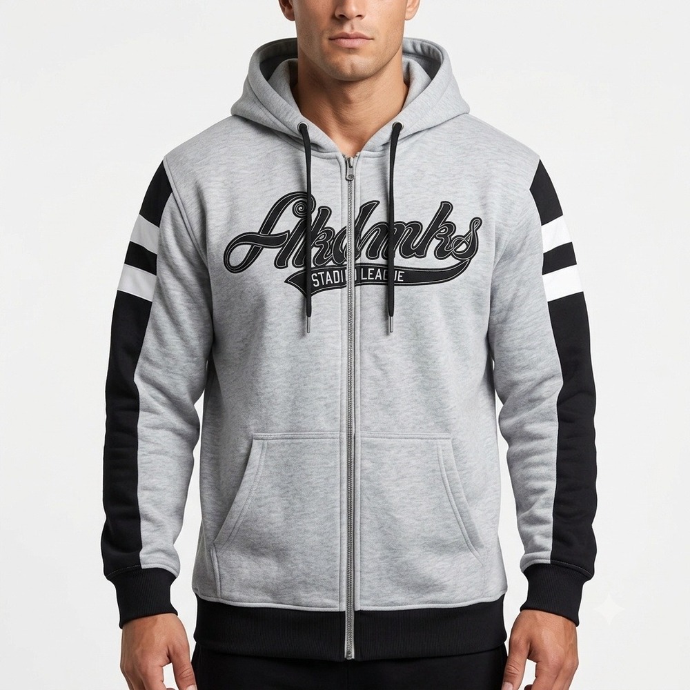 Akademiks Full Zip Hoodie Men 2XL Gray Stadium League Graphic Striped Sleeve